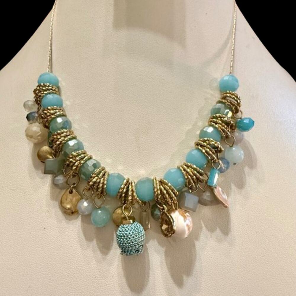 Coastal Inspired Aqua Blue Gold & White Beaded Necklace - Picture 4 of 10